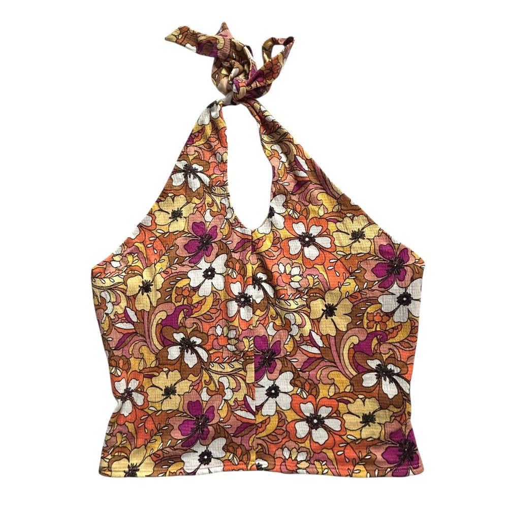 Y2K Floral Halter Top XL Brown Psychedelic‎ Boho Festival Tie Neck Indie Retro